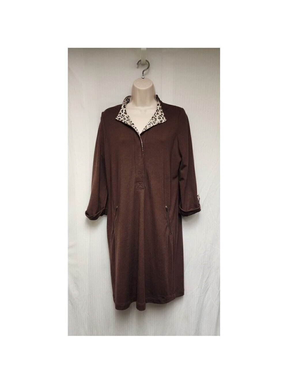 Chico's Brown Notched V-Neck 3/4 Sleeve Knee Length Shirt Dress Size 1 M - Picture 4 of 9